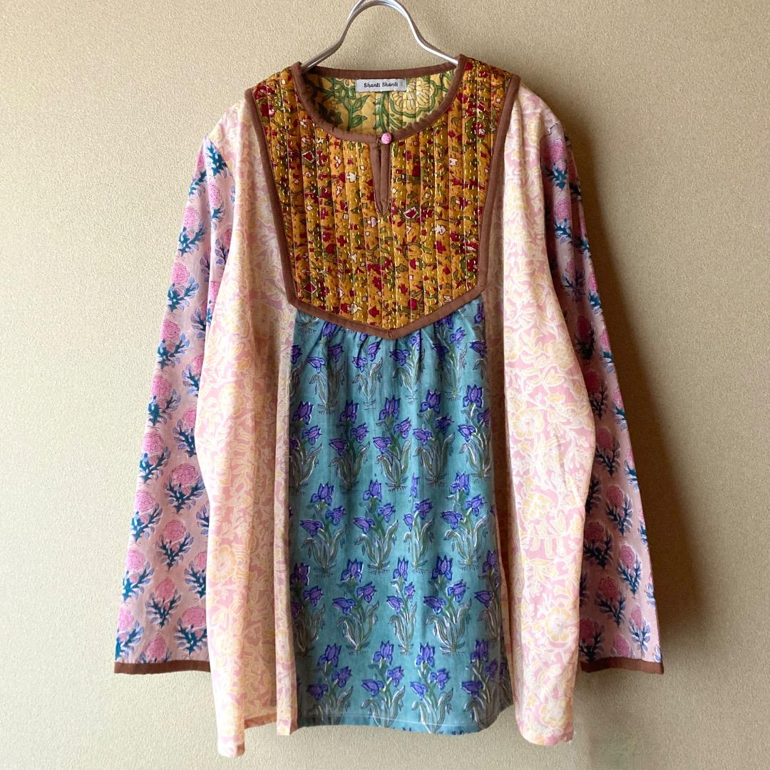 インド綿 カンタキルトのブラウス B ブロックプリント エスニック アジアン