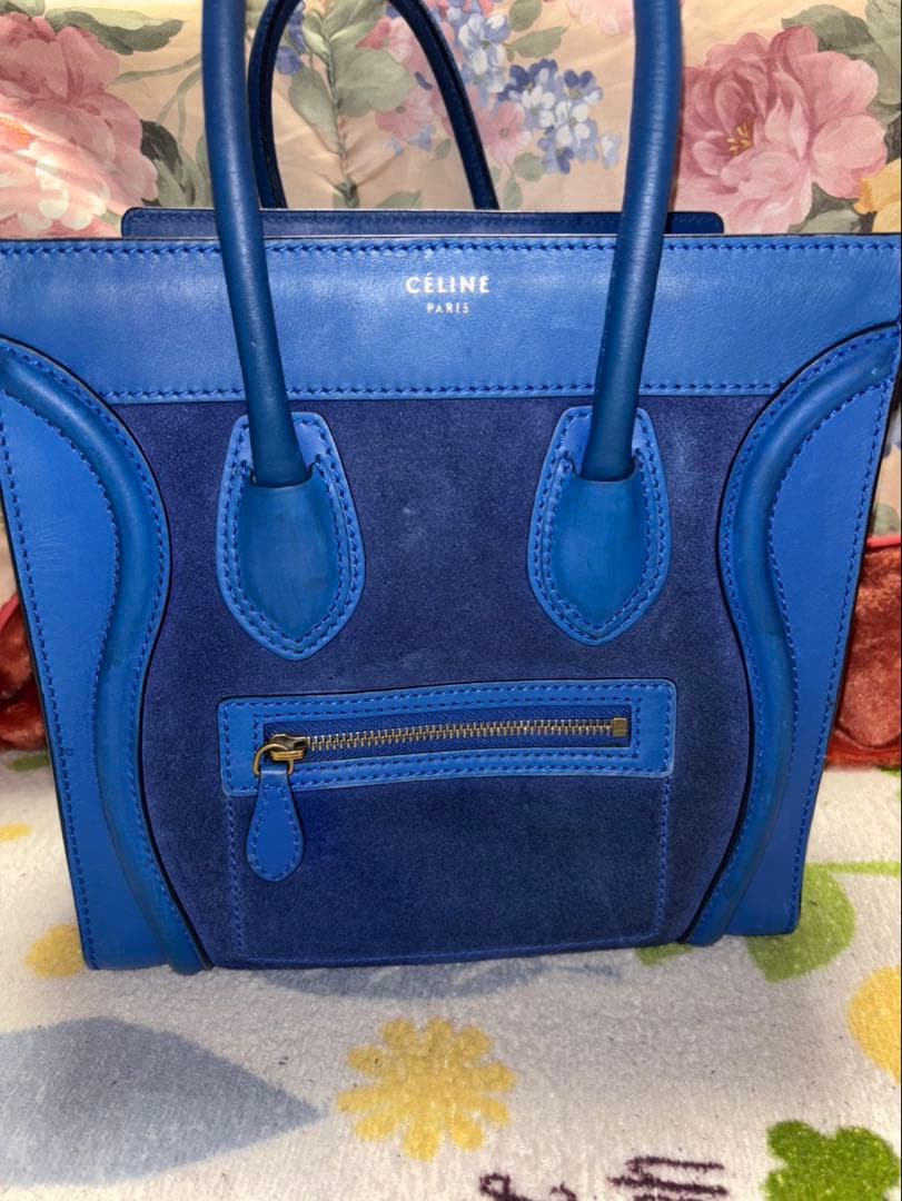 CELINE ラゲージ　マイクロ　スエード　レザーハンドバッグ ブルー CELINE（セリーヌ） ラゲージマイクロ ハンドバッグ スウェード×カーフ