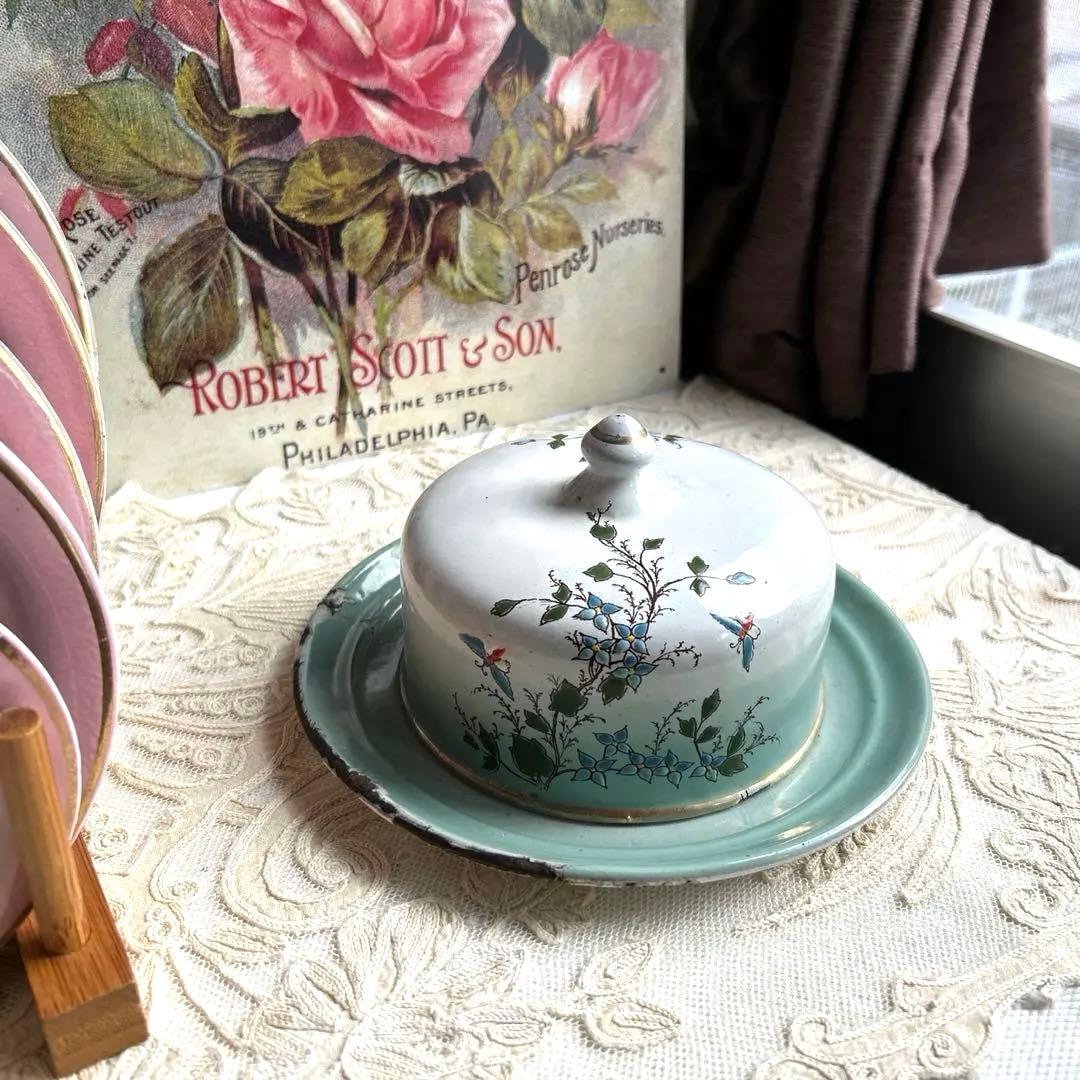 フランスアンティーク　手描きホーローバターポット アンティークホーロー手描き朝顔柄ポット - アンティークモール