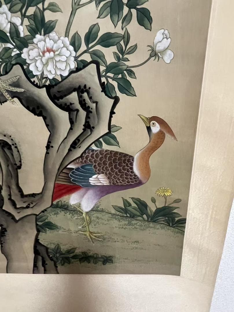 田中 野夫専用 水墨肉筆 錦鶏花葉太湖石図 南田沈銓 掛軸 中国美術(Y