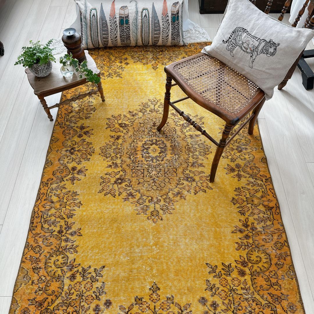 トルコ製ヴィンテージラグ775 マスタードイエロー オレンジ オーバー