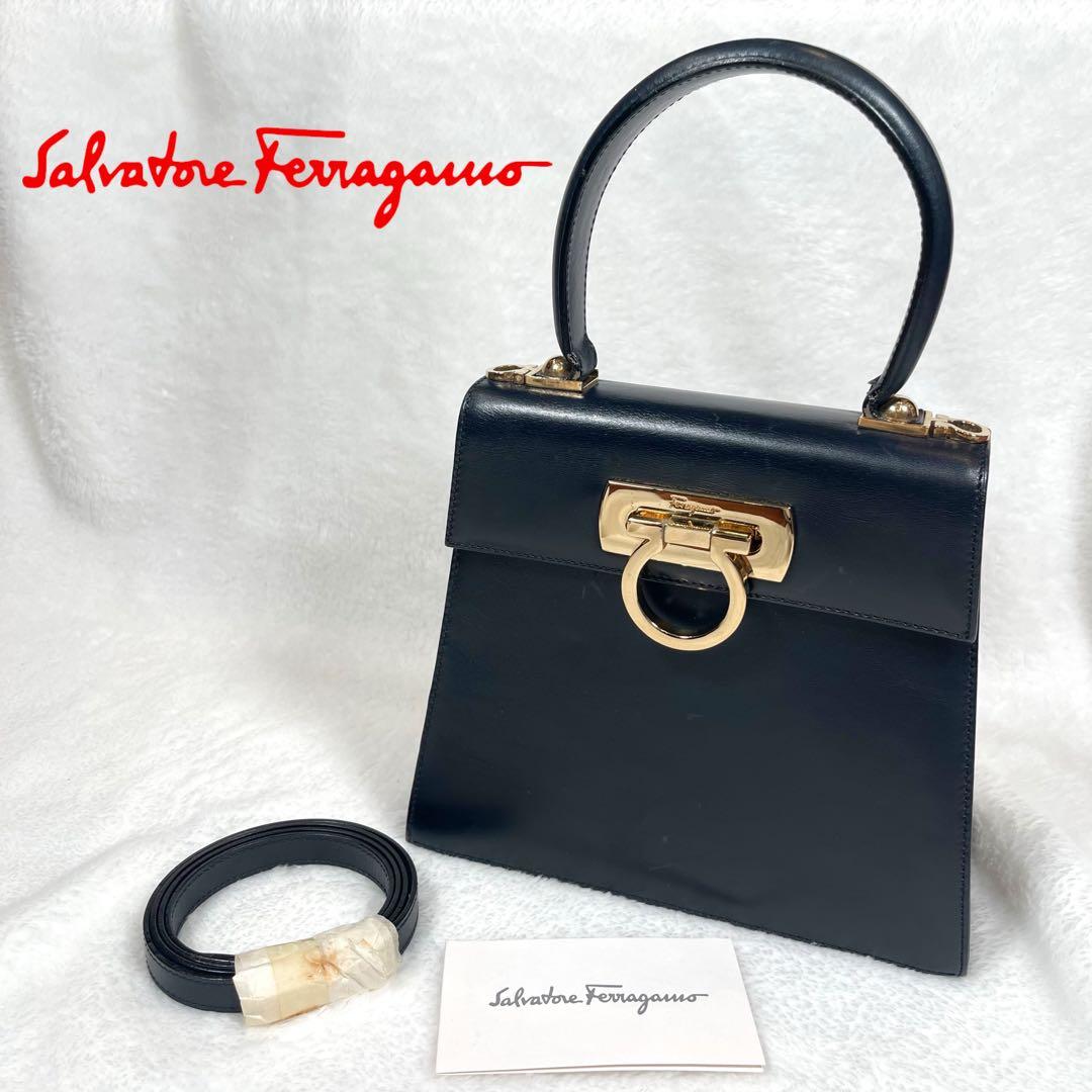 フェラガモ ガンチーニ 2way ハンドバッグ ショルダー レザー ネイビー