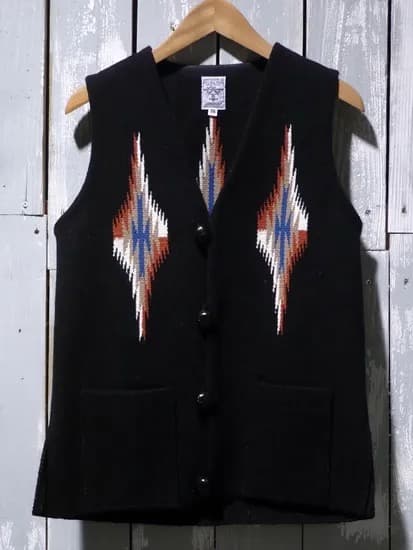 ORTIEGA'S オルテガ チマヨ ベスト 36 ブラック オルテガ チマヨ ベスト 36・100%ウール手織り/CHIMAYO ORTEGA'S HAND