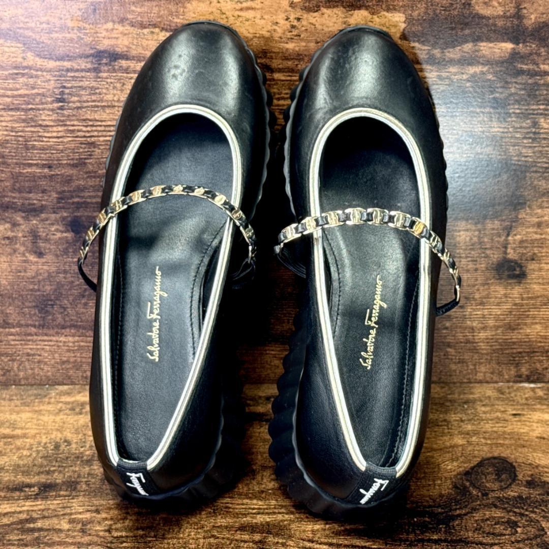 ☆即発 フェラガモ SANDY 厚底 バレエ 黒 6.5C 極美品 ナッパレザー