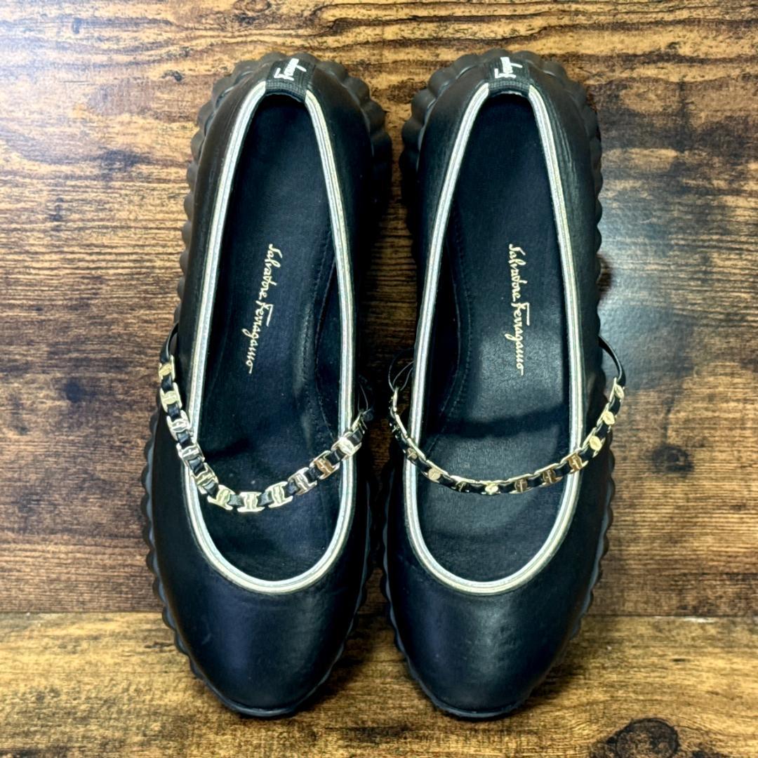 ☆即発 フェラガモ SANDY 厚底 バレエ 黒 6.5C 極美品 ナッパレザー