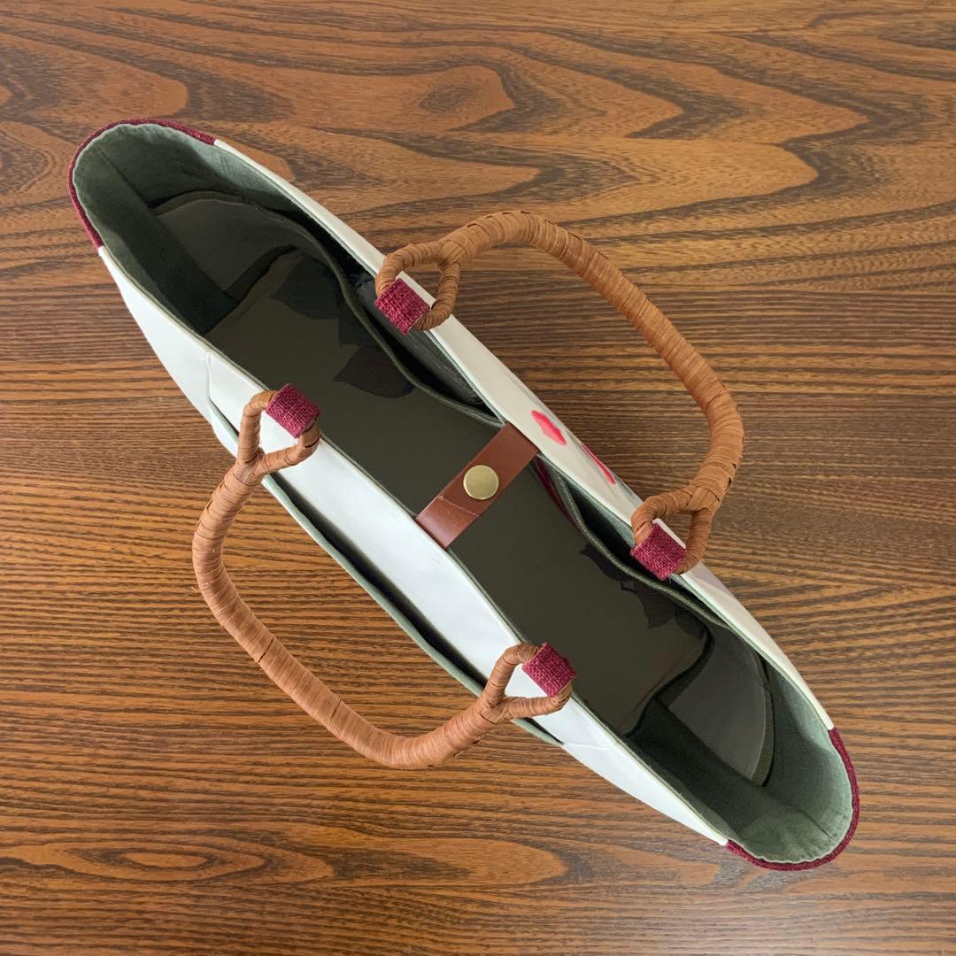 紬帯 赤い椿のお花 リメイク 山葡萄ハンドルバッグ