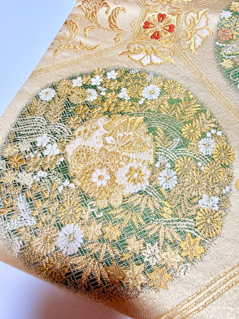 高級 袋帯 正絹 六通柄 花紋様 ゴールド 訪問着 留袖 色無地 約35万円