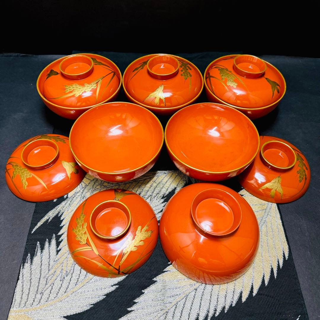 漆器 輪島塗 沈金 金蒔絵 木製 蓋付椀 お煮物椀 吸物椀 6客 骨董