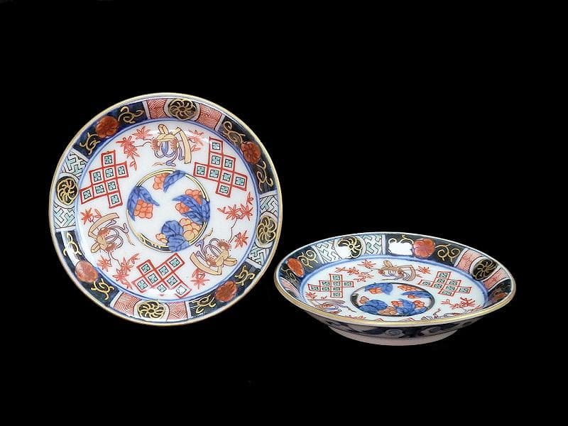 古伊万里　金襴手　烏帽子に紅葉の図　豆皿　手塩皿　２枚　E201AS-CPw 古伊万里 金襴手 烏帽子に紅葉の図 豆皿 手塩皿 2枚 E201AS-CPw