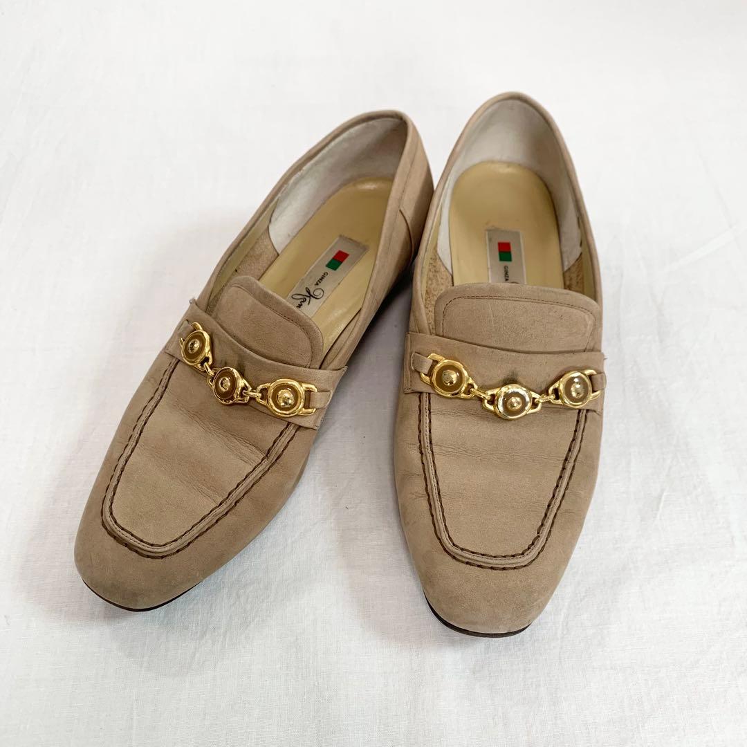 銀座かねまつ ビットローファー スエード ベージュ ゴールド装飾 23cm