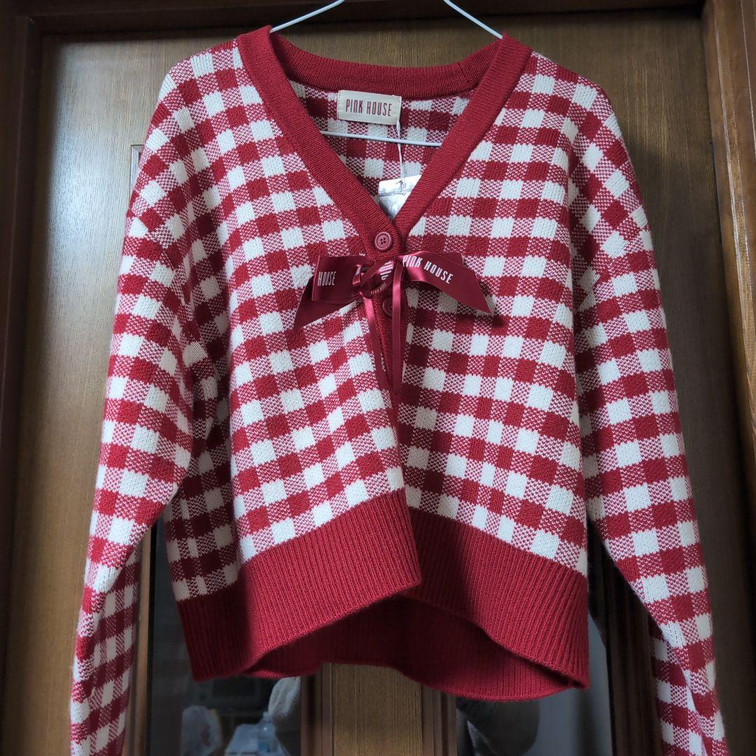 ピンクハウスの赤ブロックギンガムカ―ディガン - メルカリ