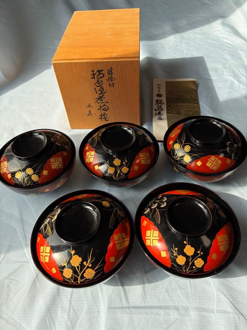 本物保証】輪島塗 角知作 吸物椀 5客セット 共箱・パンフレット付 椿