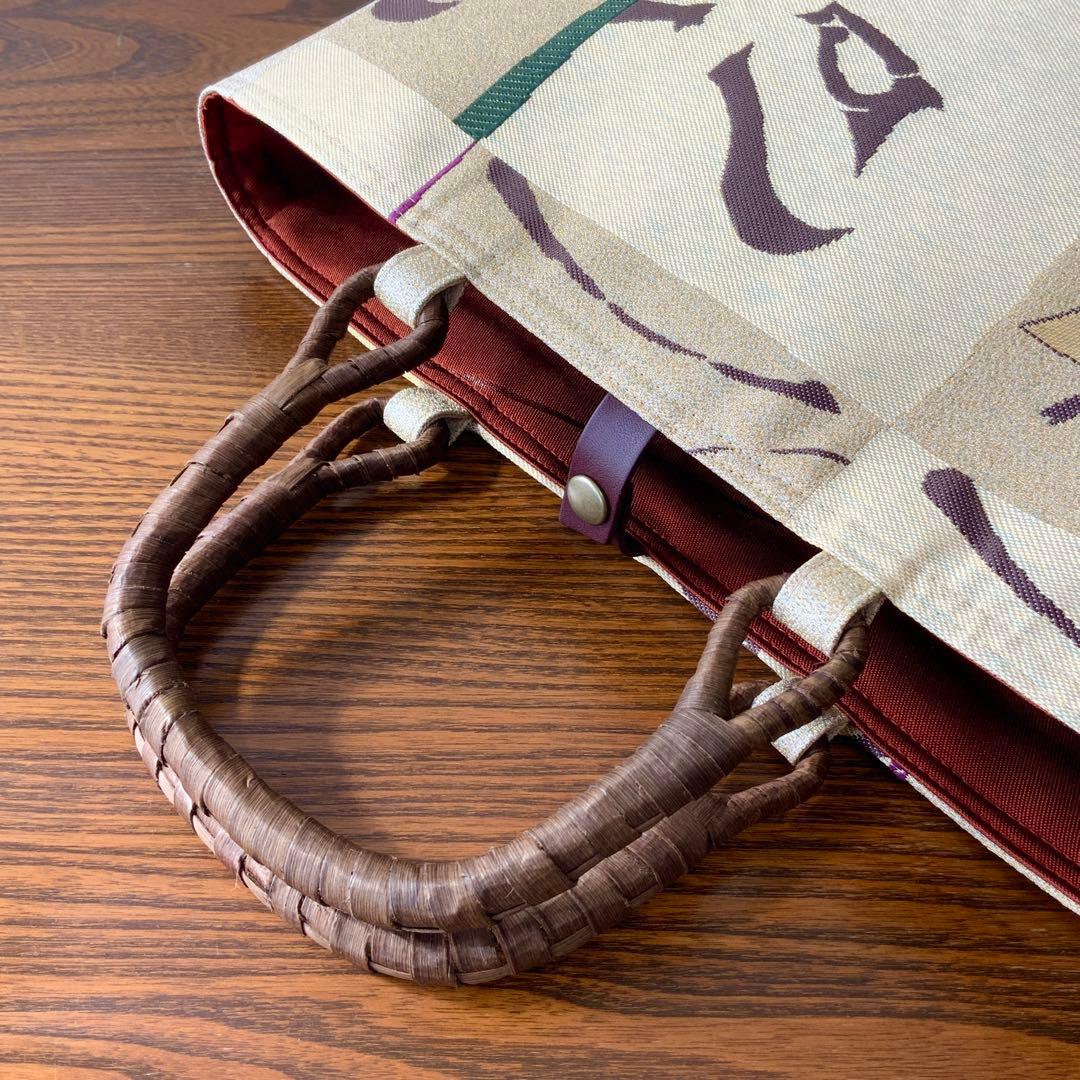 男前な歌舞伎柄の帯 リメイク 胡桃皮ハンドルバッグ 通しマチタイプの