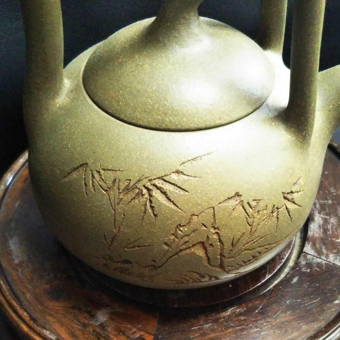 中国古美術/緑泥詩文提梁壺/(底款:阿曼館堂)