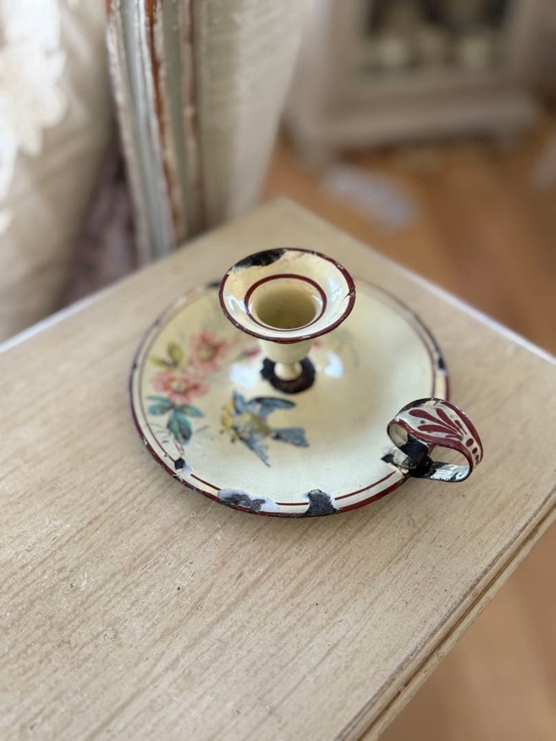 フランスアンティーク花と鳥のハンドペイントホーローキャンドル