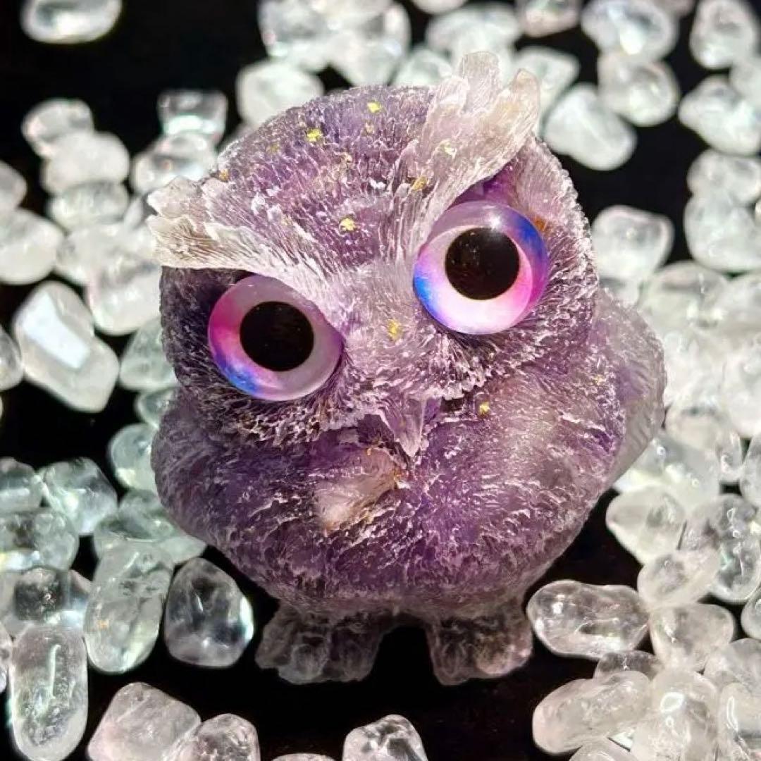 新品 未使用品 天然石 アメジスト フクロウ ふくろう オブジェ 金箔
