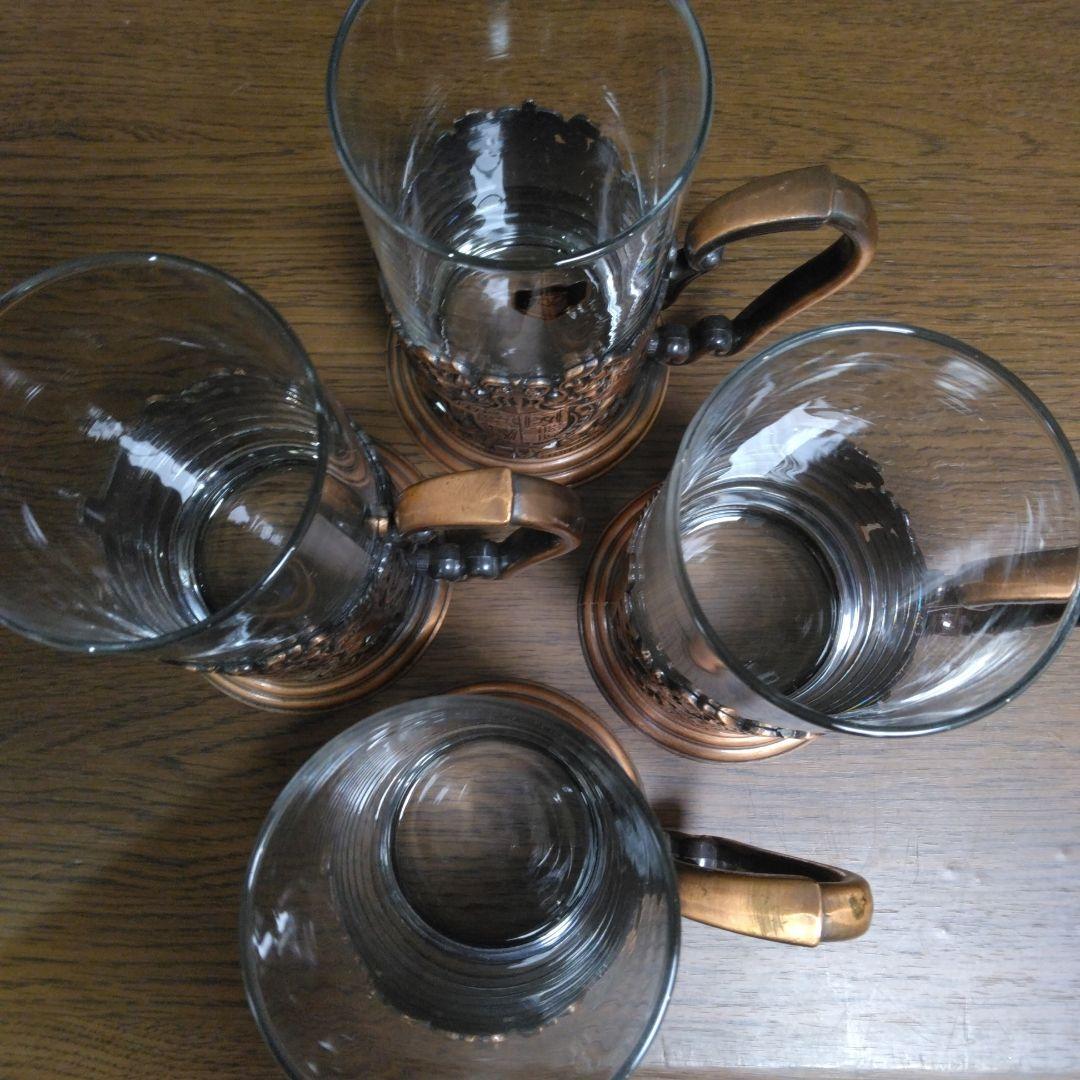アンティーク 銅ブロンズ 耐熱グラスジョッキ グラス 4個セット 昭和