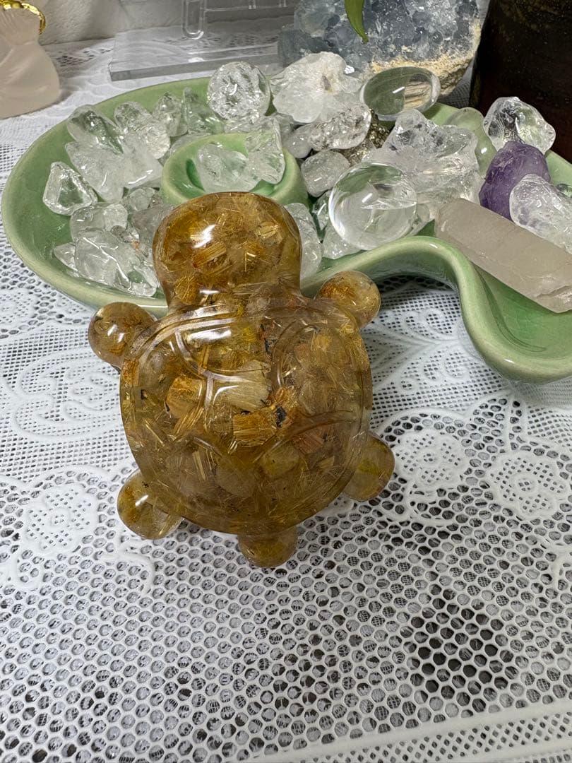 オルゴナイト まん丸カメさん ゴールドルチルクォーツ なるべく金線が