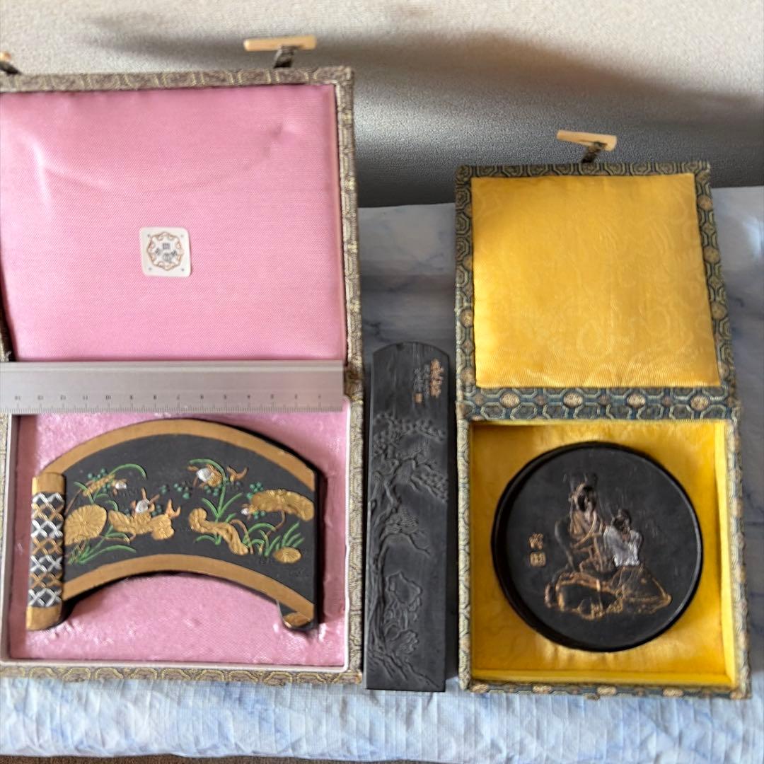 墨 唐墨 魚戯蓮 中国 書画 習字 硯 China