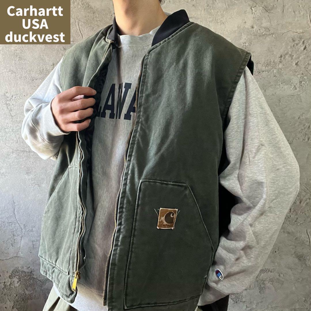 90s USA製 Carhartt カーハート ダックベスト モスグリーン 古着