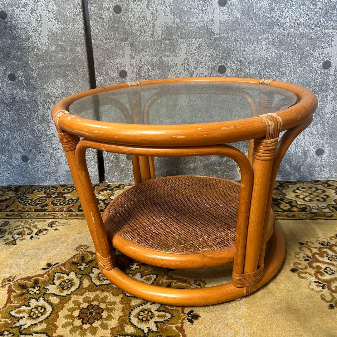 籐家具꧂回転式ラタン高座椅子&ガラステーブルセット アーム チェア