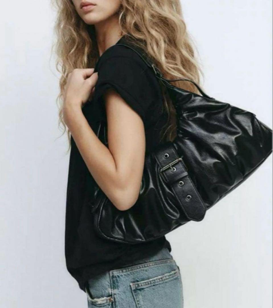 即完品】ZARA ギャザー&バックル マキシバケットバッグ ショルダー