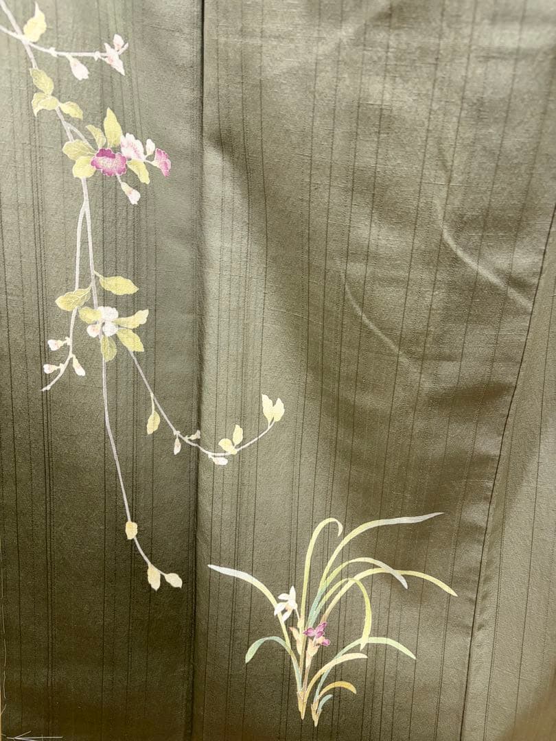 D 美品 十日町友禅 女流作家 遠田藤舟 花模様 緑 紬 正絹 袷