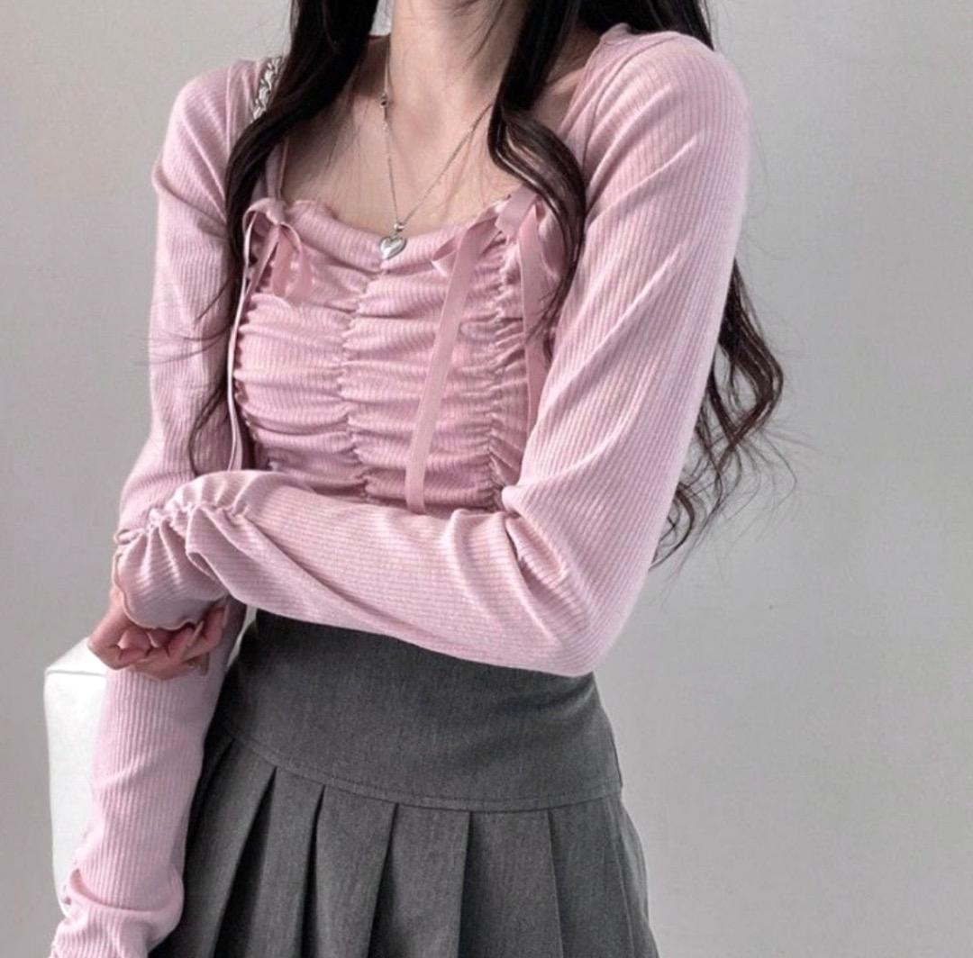 shopperland リボンギャザートップス バレエコア トップス ピンク