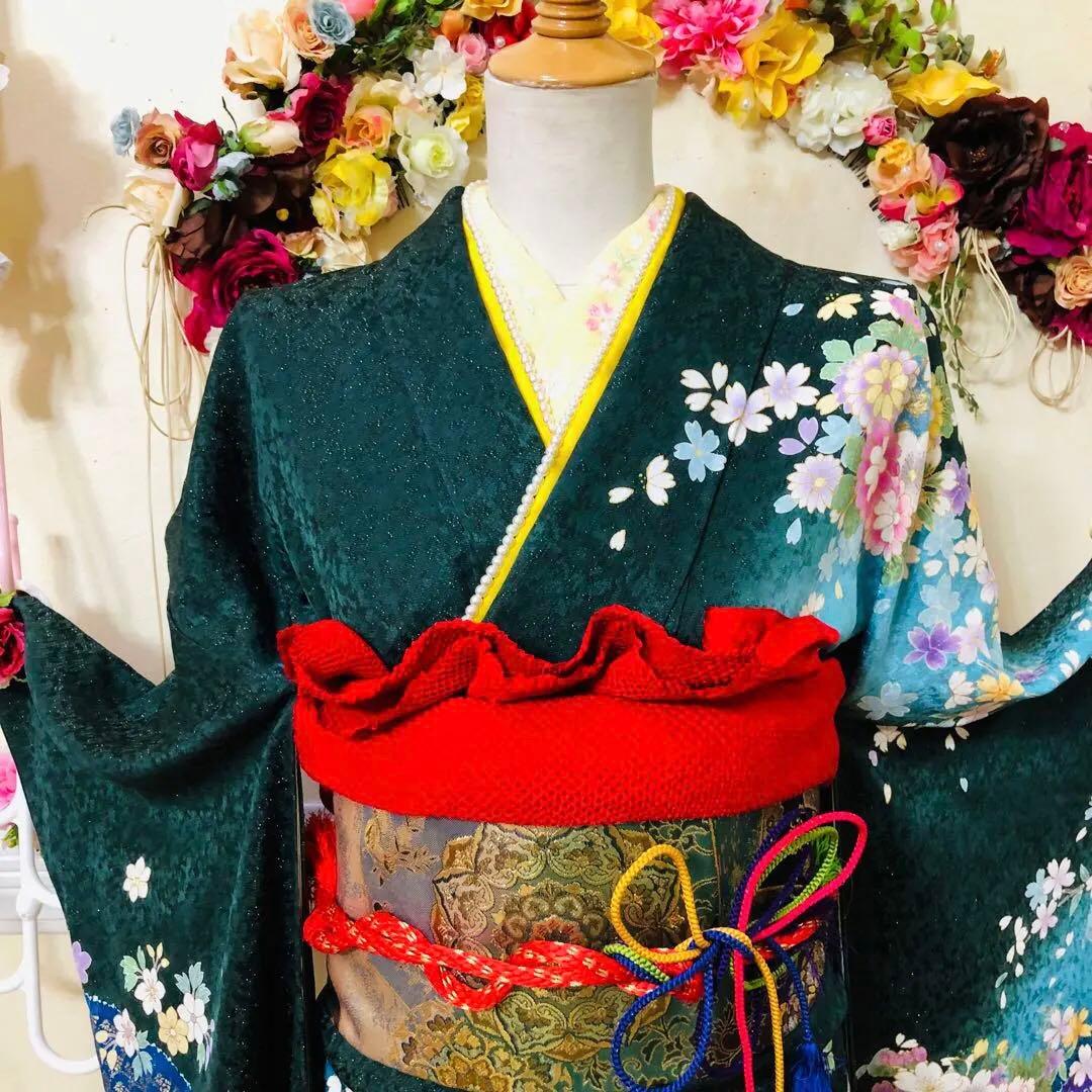 振袖正絹フルセット‼️豪華絢爛深緑×水色ラメキッラキラ⭐︎花々金彩