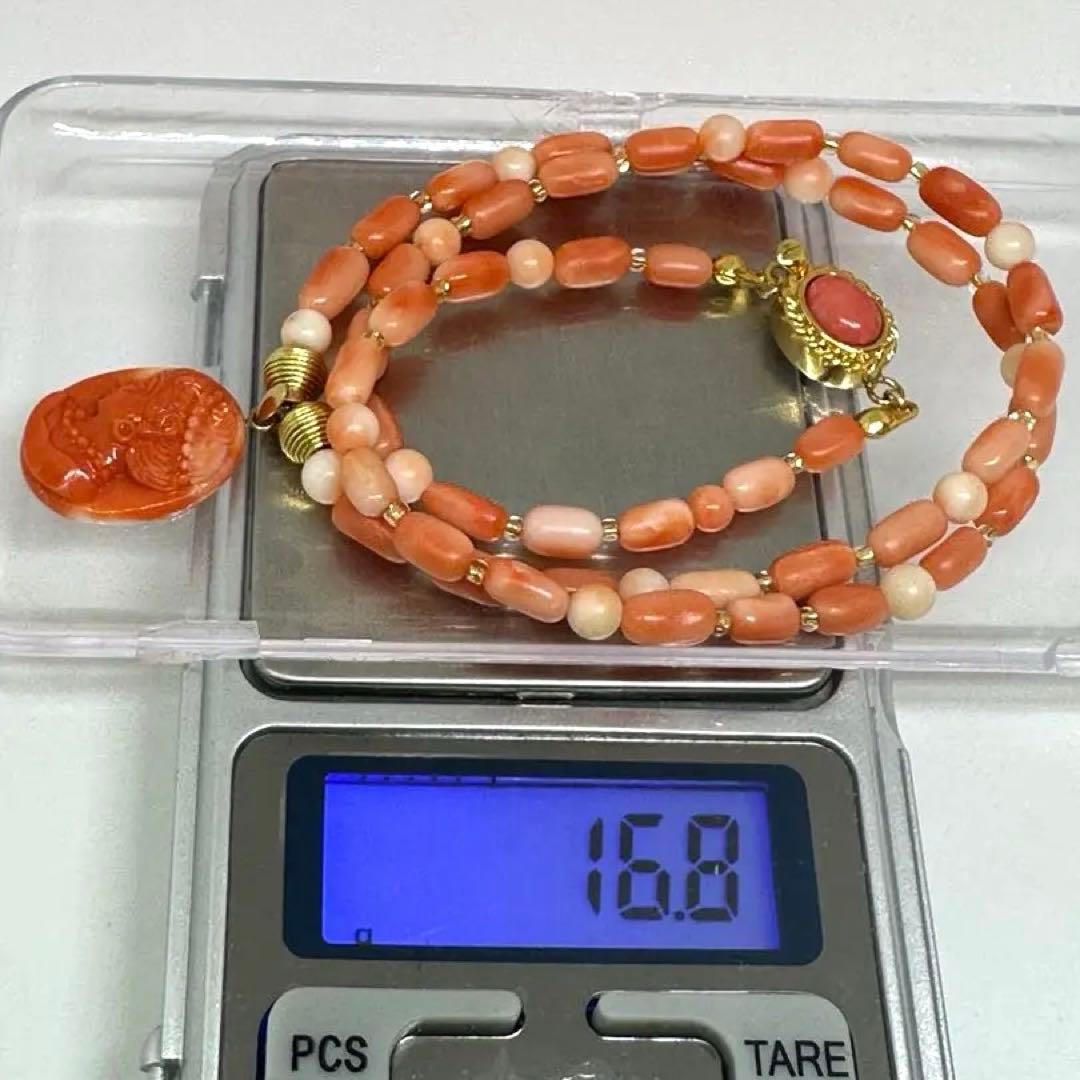 天然珊瑚ビーズネックレス 天然珊瑚彫刻美人ペンダント