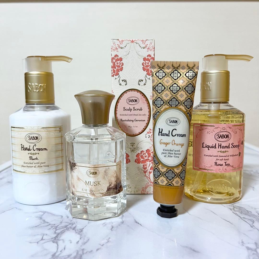 SABON 5点セット 香水、ハンドクリーム2点、ハンドソープ、ヘッドスクラブ SABON サボン ボディスクラブ60g ハンドクリーム30mL 正規品 ＋
