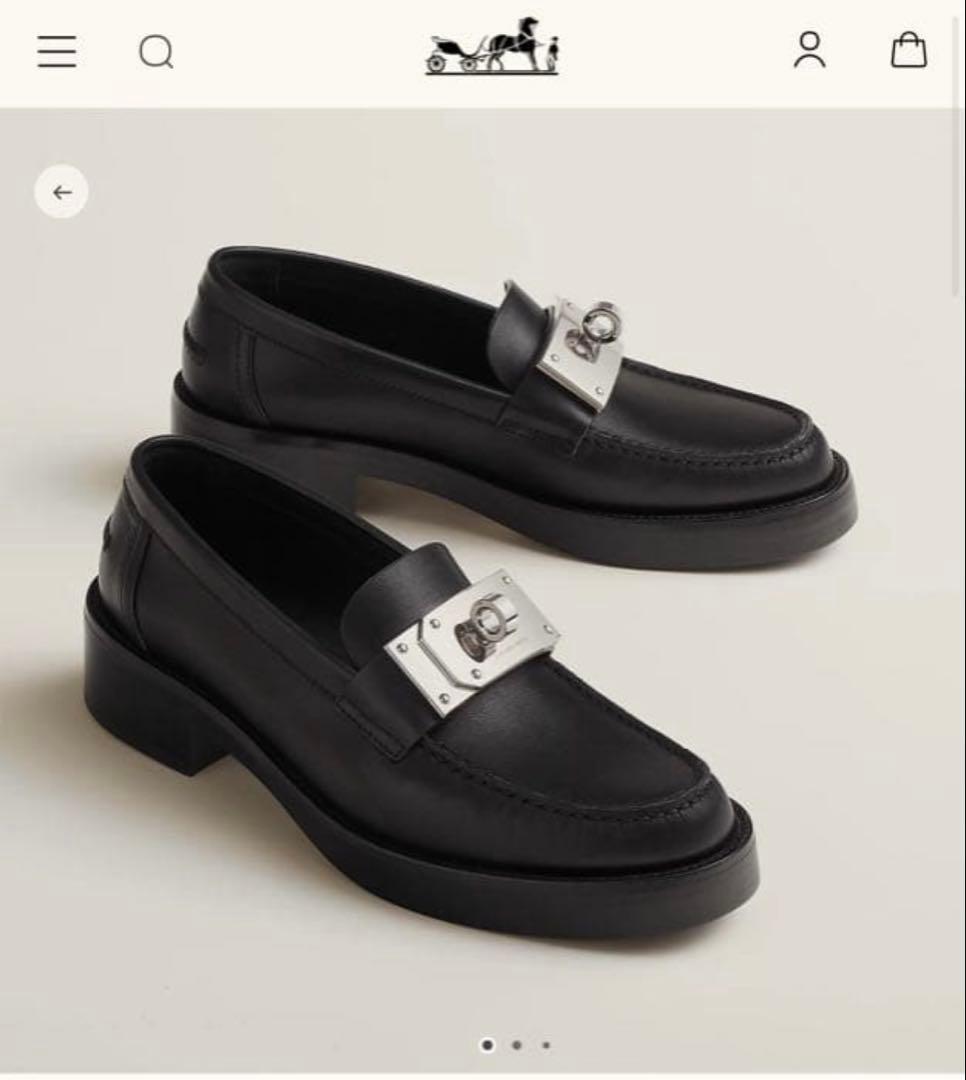 エルメス モカシン ホット 黒 ローファー ケリーバックル シルバー 美