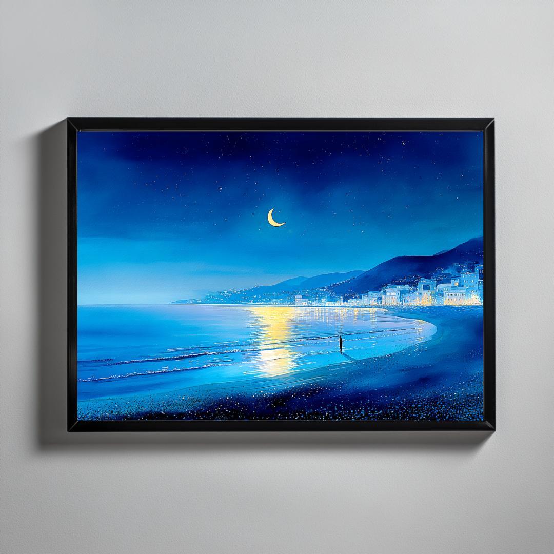 A4 月が立つ夜の海辺｜幻想的なペンと水彩の風景画 - メルカリ