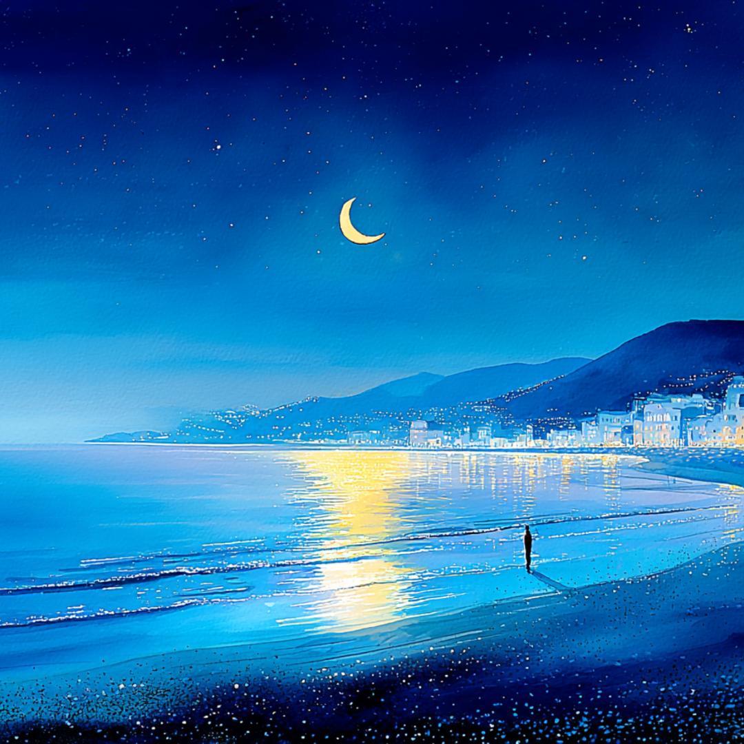 A4 月が立つ夜の海辺｜幻想的なペンと水彩の風景画 - メルカリ