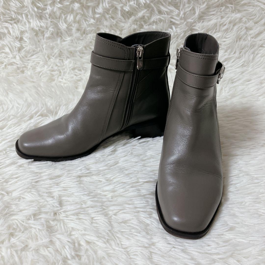 美品 銀座かねまつ ショートブーツ サイドジップ スクエアトゥ ダーク