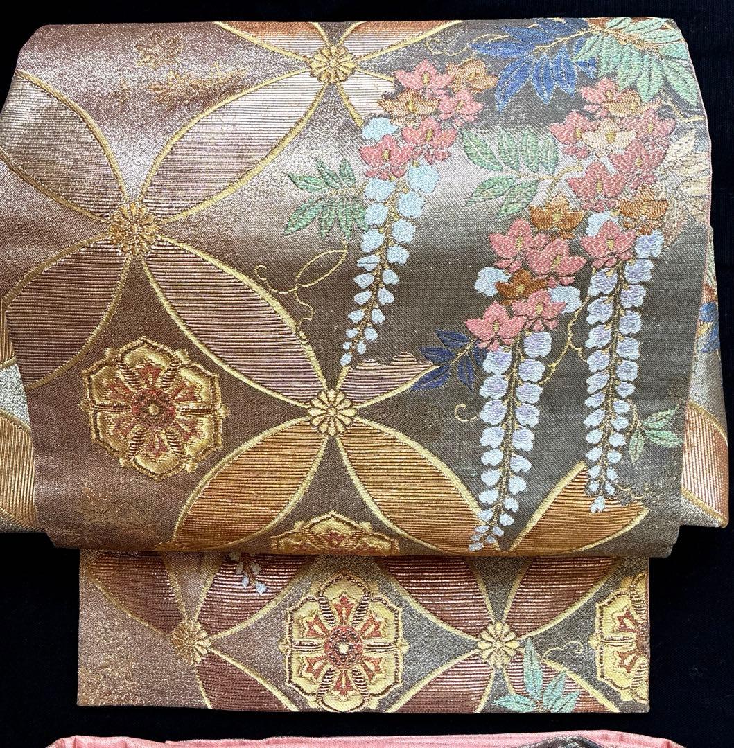 美品 藤の花 金 七宝紋様 正絹 袋帯 二重太鼓 作り帯 - メルカリ