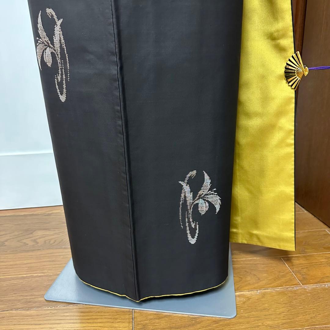 大島紬 袷 正絹 東京ますいわ屋 黒 地空き 植物飛び柄 身丈155.5裄63