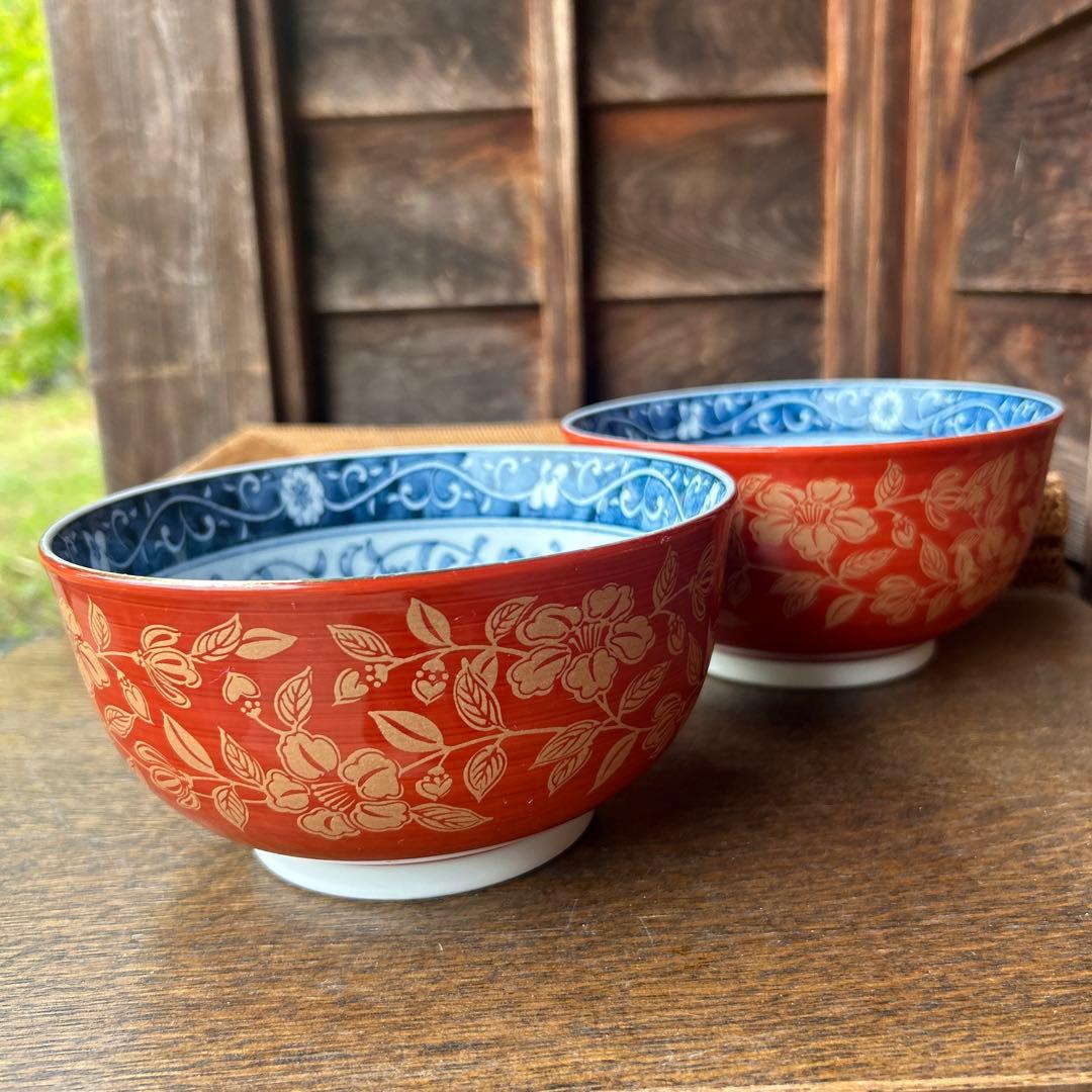 廃番希少 大吉窯 金彩 朱巻 内染付 丼鉢 ペア 丼 麺鉢 大碗 盛鉢 2点