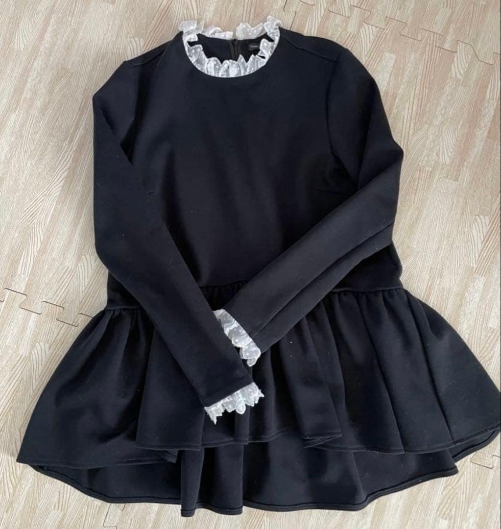 ツルバイマリコオイカワ レース襟ペプラムトップス ブラック　Eloise ツルバイマリコオイカワ レースペプラムカットソー Eloise エロイーズ