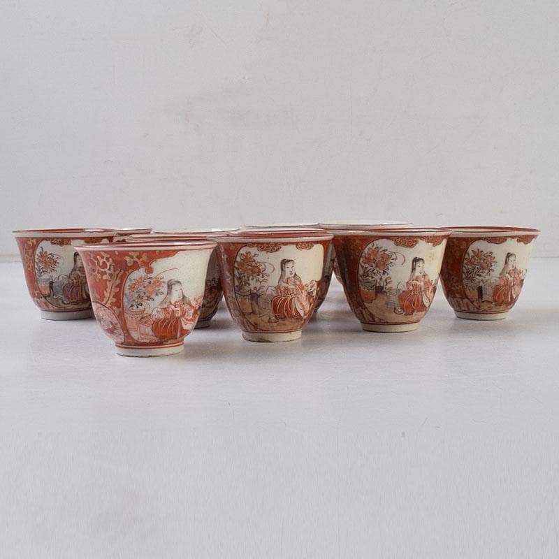 九谷焼 古九谷 赤絵金彩 煎茶碗 3種十四客まとめて 時代箱付 D R9502