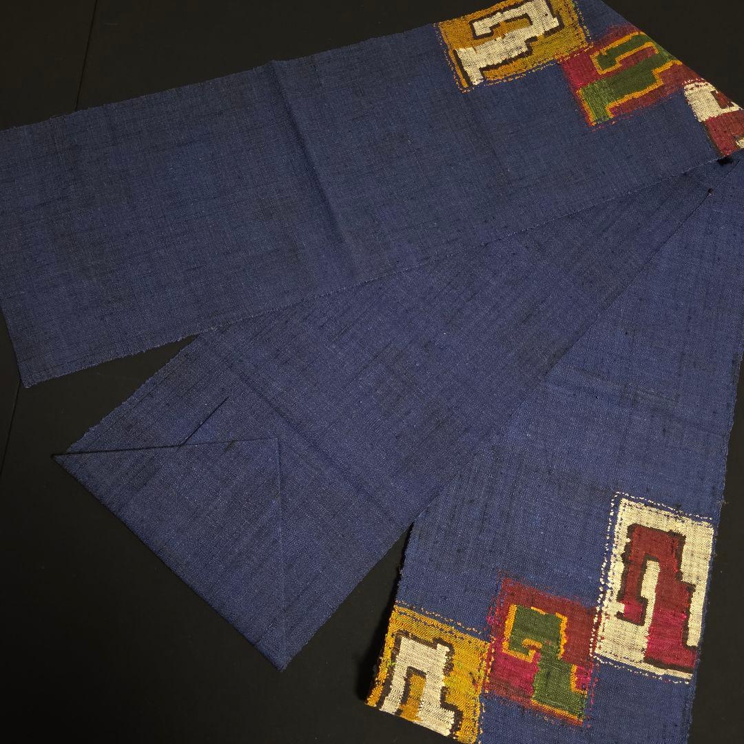 着物と帯京月花 m3796 □紺の地に格子柄紬正絹名古屋帯/八寸/松葉