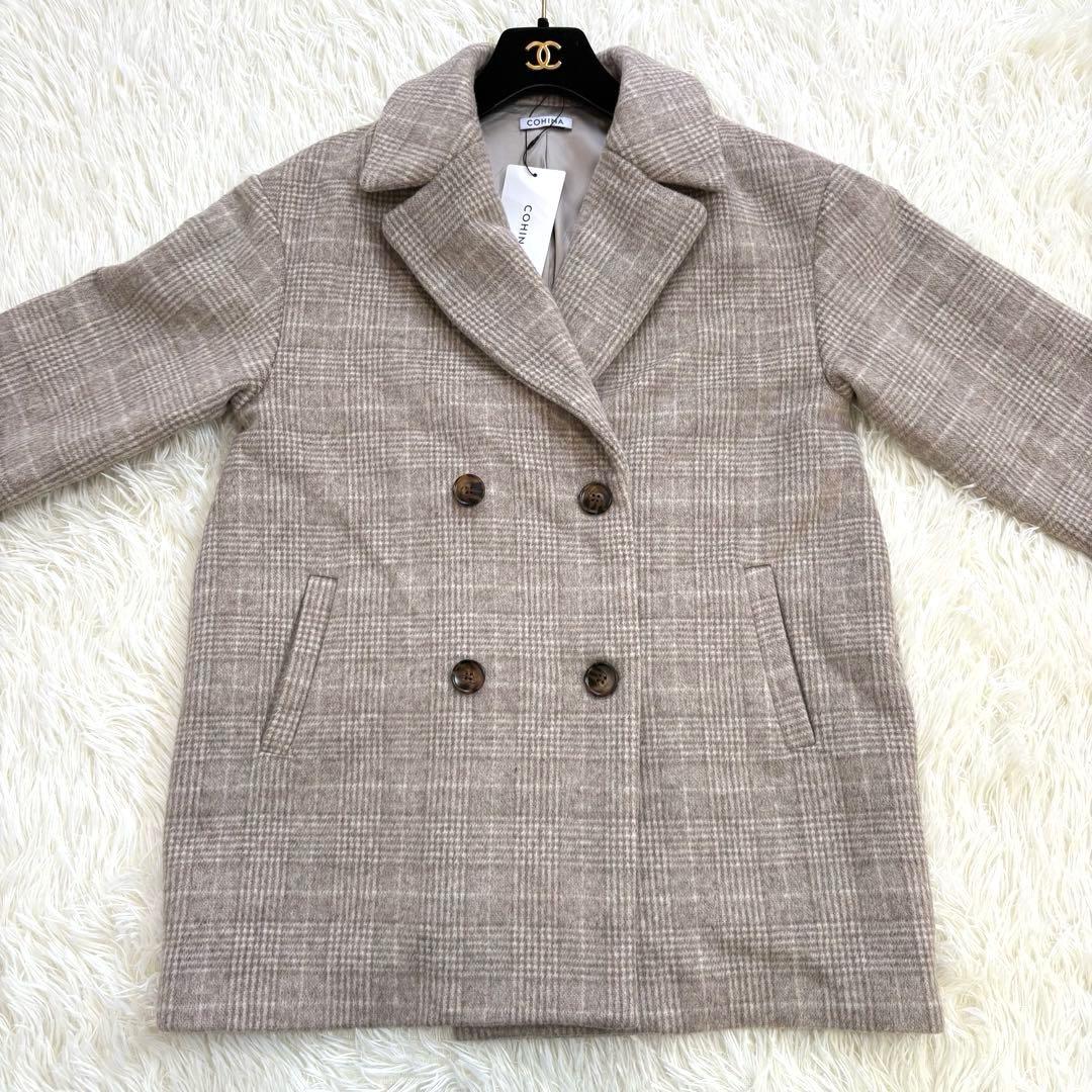 新品 COHINA コヒナ ミドル丈チェックコート F ウール混 ベージュ系