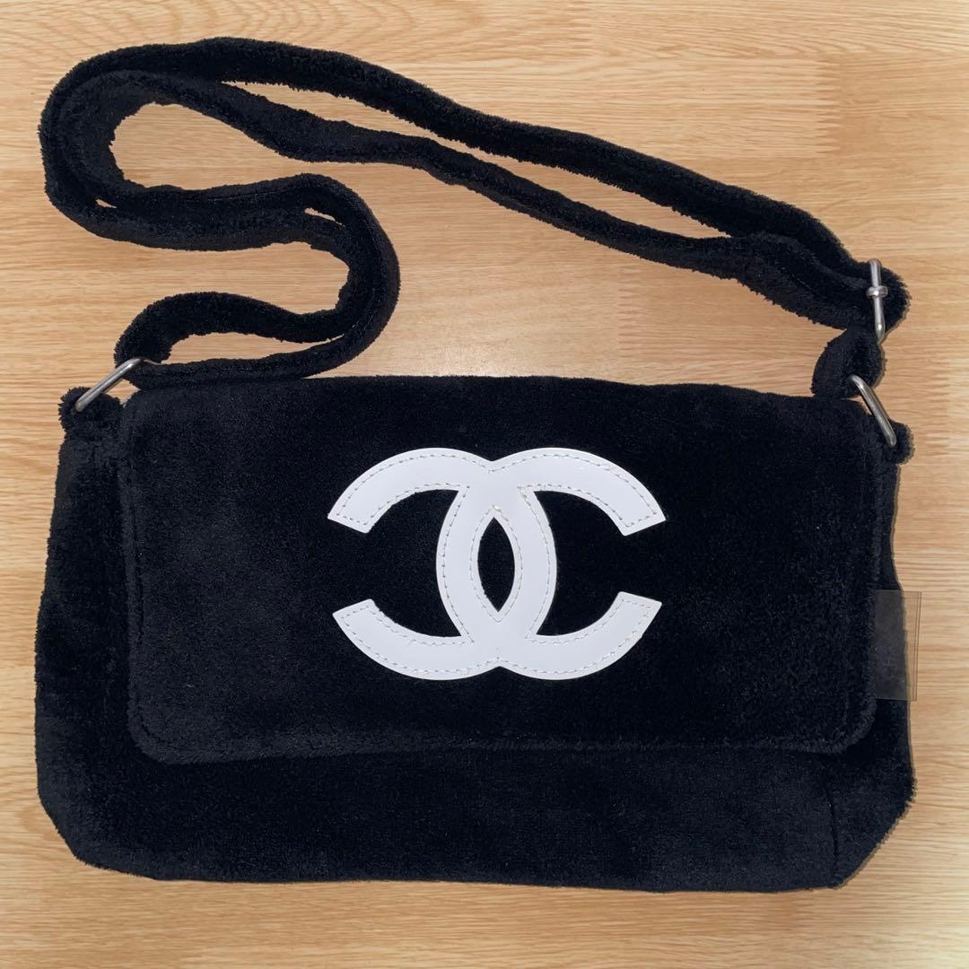 CHANEL シャネル ノベルティ ショルダーバッグ ブラック ホワイト 広尾店】 CHANEL シャネル ノベルティ パイル地ショルダーバッグ 黒x