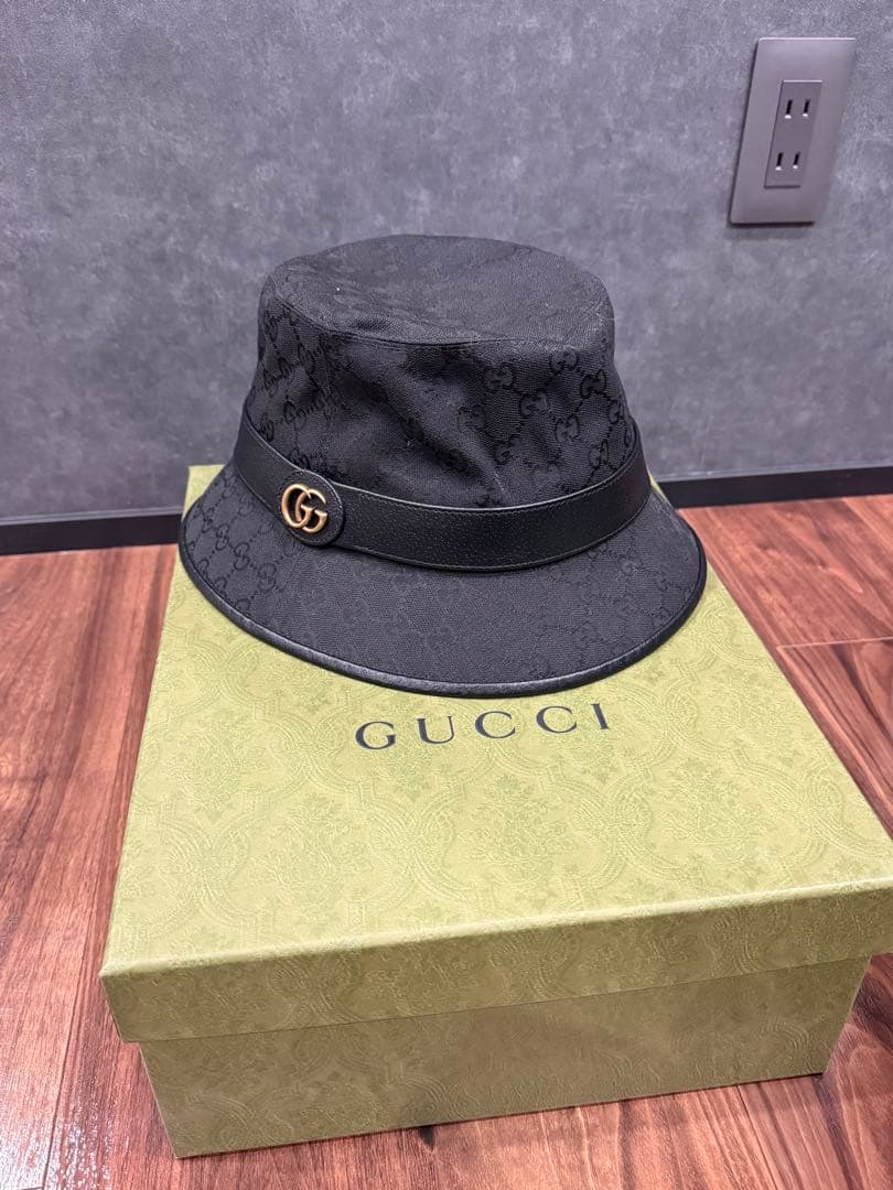 定価79200 グッチ バケットハット バケハ GG キャンバス 黒 61cm