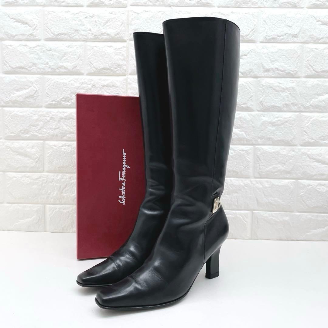 サルヴァトーレ フェラガ ロングブーツ ガンチーニ レザー ブラック23.5cm 118365.jpg