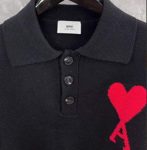 AMI PARIS ニットポロシャツ ハート刺繍 ブラック LL - メルカリ