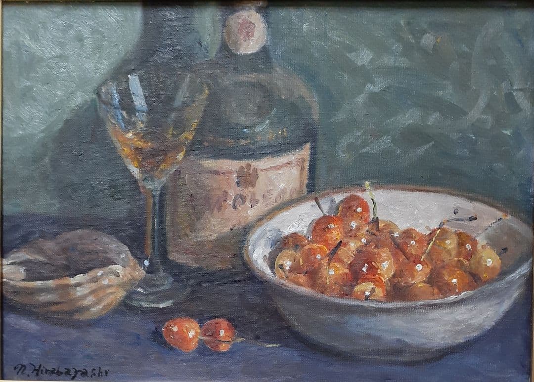 真筆保証！】一水会会友 【平林伸泰】筆 油彩 肉筆 さくらんぼ F4号 額装