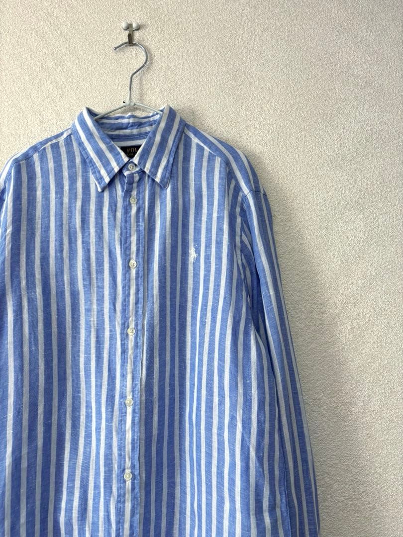 ラルフローレン 太ストライプ ブルー リネン シャツ レディースM