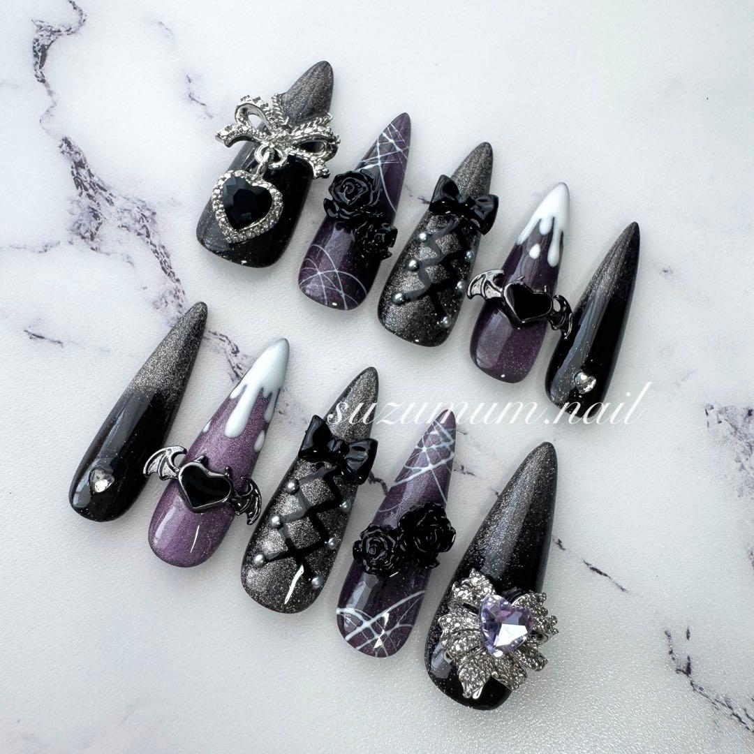 着画】地雷系 病みかわ 量産型 ロングネイル 概念ネイル メンヘラ 黒紫