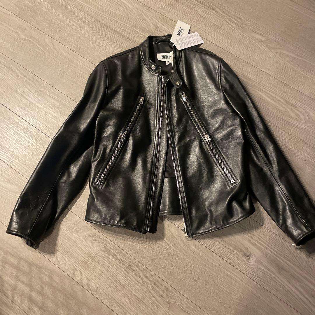 46新品 MM6 メゾンマルジェラ ハの字 レザー ライダース ジャケット 黒